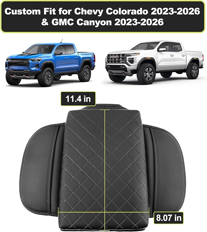 Armrest Cover for Chevy Colorado GMC Canyon 2023 2024 2025 2026 Center Console Pad Accessories Arm Rest Lid with Pockets, Black Faux Leather
