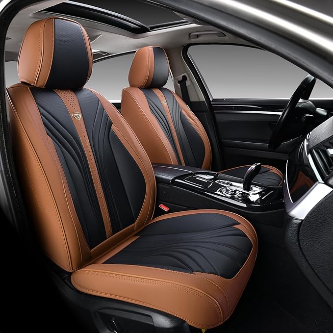 FLORICH Leather Seat Covers, 2 PCS Waterproof Front Car Cushions, Black and Brown Automotive Driver Covers Fit for Most Cars SUV Trucks