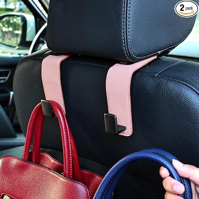 Amooca Car Seat Back Hook Universal Auto Storage Hanger Suede with Metal Car Seat Organizer for Handbag Purse Coat Umbrellas Grocery Bags 2 Pack Pink
