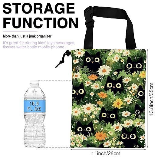 Car Trash Bag Black Cat Among Flowers Car Trash Bin Leakproof Waterproof Car Trash Can for Back Seat, Foldable Car Garbage Bag with Adjustable Straps and Drawstring for Car Accessories