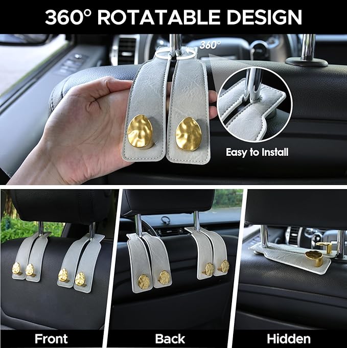 URIZZD 2PCS Leather Car Seat Hooks for Headrest, Vehicle Hanger Storage Organizer Universal for Handbag Purse, Car Accessories Gift (Grey-Gold)