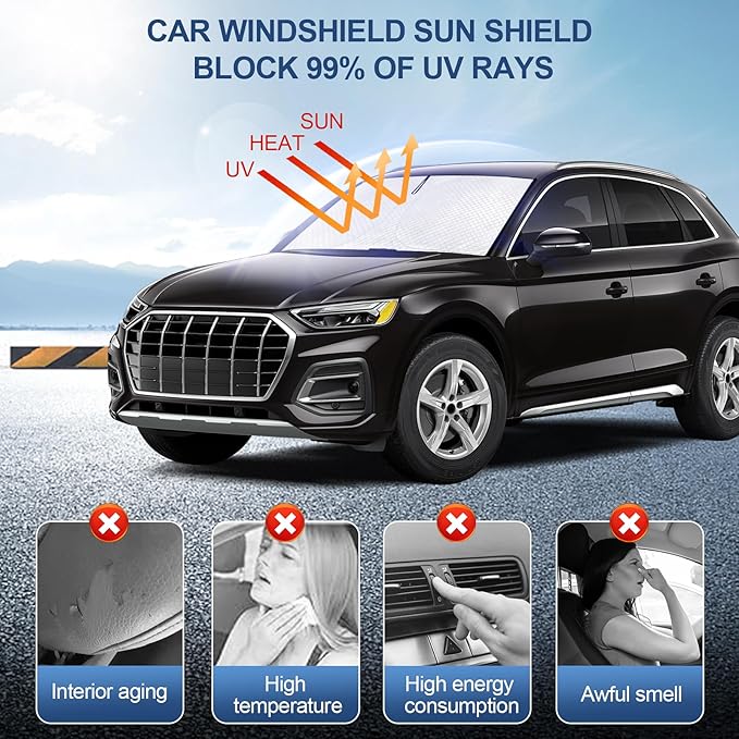 KMF Windshield Sun Shade for Audi Q5 2018-2024 with 310T Foldable Car Sun Shade,Custom Fit Sunshade for Front Window Sun Visor Protector Interiors Block UV Rays Accessories