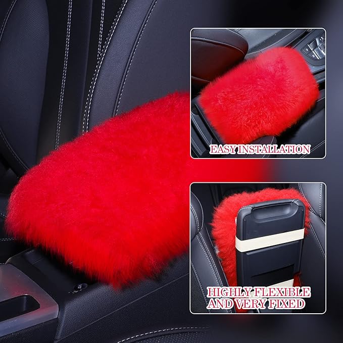 Frienda Furry Armrest Cover Auto Center Console Cover Car Soft Console Pad, Real Sheepskin Wool Soft Fluffy Auto Center Armrest Pad for Most Car Decoration Protector(Red)