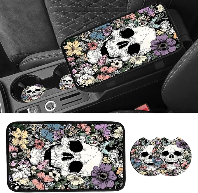 JANENFNA Car Armrest Cover Pads Universal Fashion Cute Auto Center Console Armrest Cover Pad with 2PCS Car Coasters Soft Waterproof Car Armrest Seat Protector for Women,Flower Bush Skull