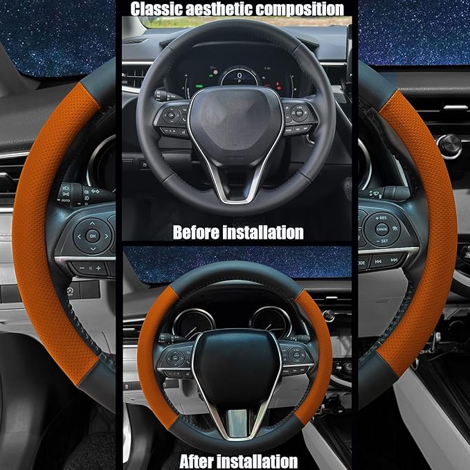 Mihecor Steering Wheel Cover Standard Size 14.5-15 inch, Non-Slip Car Wheel Cover Protector, Breathable Microfiber Leather, Black and Orange