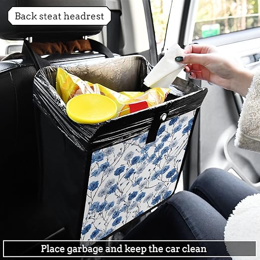 Car Trash Can Organizer Bin with Adjustable Strap for Back Front Seat Console Waterproof Leakproof Collapsible Portable 8.66 Inch Chinese Blue White Cornflower