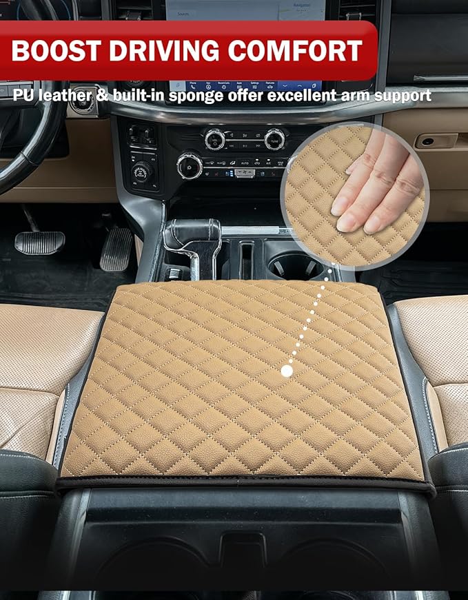 KBH Center Console Armrest Cover for 2021-2026 Ford F150, PU Leather, Middle Console Lid Protector, Arm Rest Cushion Thick Pad, Baja Tan (Fits Bucket Seat Console Only)