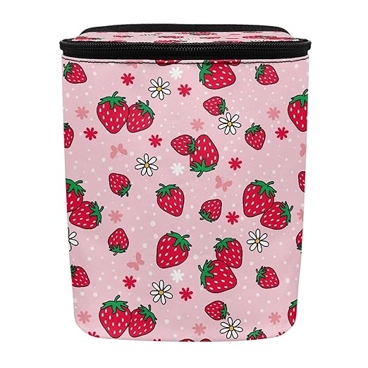 Pink Strawberry Car Trash Can with Lid Garage Bag Automotive Garbage Bin Reusable Auto Accessories Interior Car Organizer with Adjustable Straps