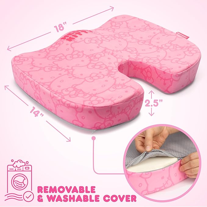 Carbella Officially Licensed Hello Kitty Seat Cushion - Cute Pink Office Chair Cushion for Car, Home, Work or Desk - Comfort Memory Foam Cushions for Coccyx, Back, Tailbone Pain Relief Pillow