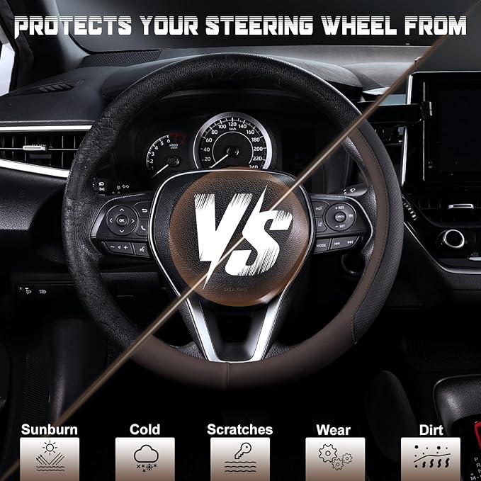SEG Direct Steering Wheel Cover for 14.5-15 inch Wheels, Breathable PU Leather with Perforated Sides, Anti-Slip Grip, Universal Fit for Cars & SUVs, Black and Brown