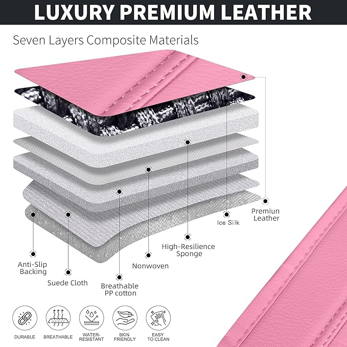 HighnessHwoo Luxury Car Seat Covers Full Set, Breathable Faux Leather Car Seat Protector, Dog Child Kids Summer Ventilated Seat Cushion for Front & Back Seats, Universal (Pink Black, 5 Seats)