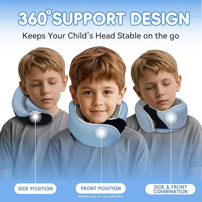 Proglobe Junior Kids Travel Neck Pillow - Ergonomic Memory Foam Pillow for Airplane, Car, Booster Seat - Soft, Washable, Compact Travel Pillow with Strap - Light Blue - Ages 4 Years and Up