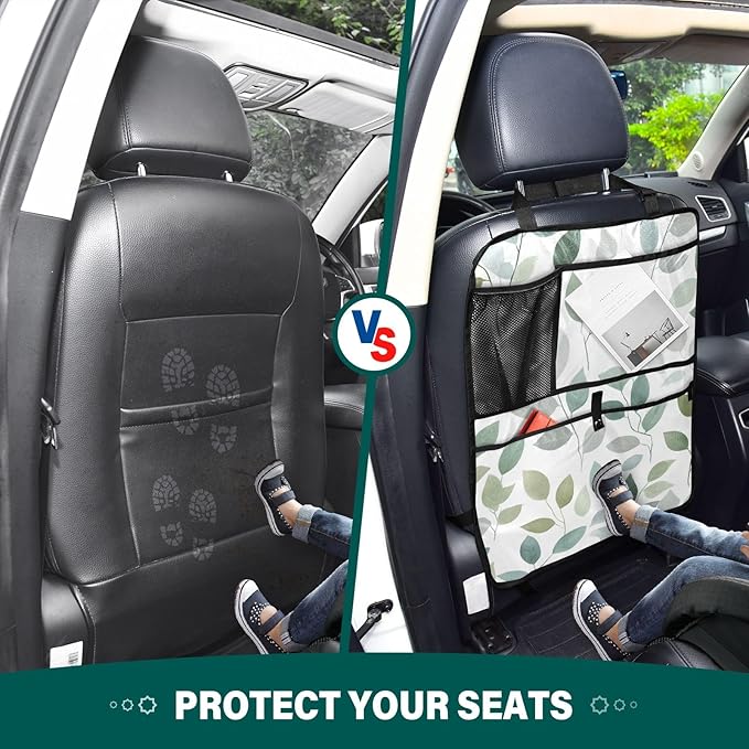 1 Pack Back Seat Car Organizer with Storage Pockets Kick Mats Back Seat Protector Hanging Car Organizer Automotive Seat Back Cover Organizers Fresh Green and Grey Leaves
