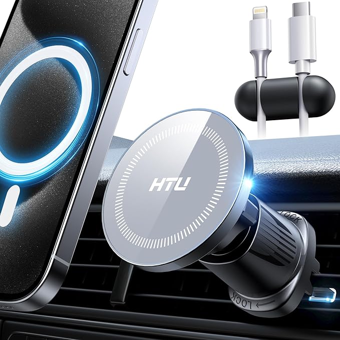 HTU [2026 True Military-Grade Magnetic Car Mount Vent [Upgraded Strongest Magnet & Metal Hook] for MagSafe Phone Holder Car for iPhone 17 16 15 14 13【Patent & Safety Cert】, Non-Charging, Misty Gray