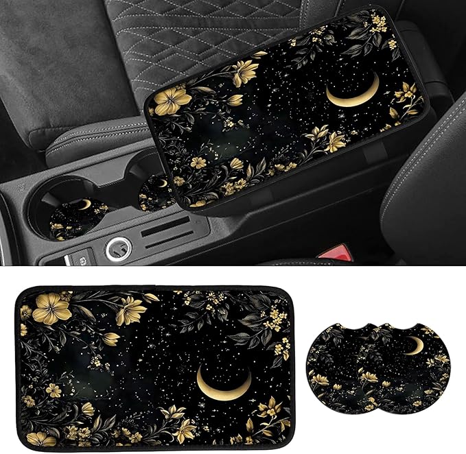 JANENFNA Car Armrest Cover Pads Universal Fashion Cute Auto Center Console Armrest Cover Pad with 2PCS Car Coasters Soft Waterproof Car Armrest Seat Protector for Women,Moon and Flowers