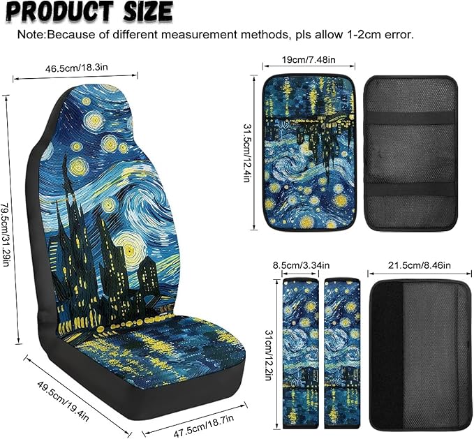 Qeluxign Starry Night Car Seat Cover Set with Armrest Cover Cushion PU Automotive Car Cover and Seat Belt Shoulder Straps Pad, Universal Fit for Truck Sedan SUV, Pack of 5