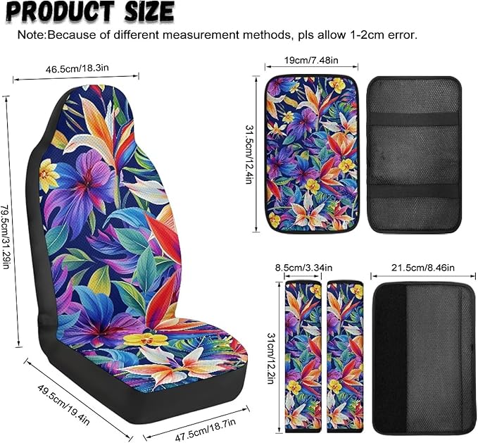 FUSURIRE 5 Pieces Colorful Hibiscus Flowers Car Accessories Set PU Front Seat Covers, Seat Belt Covers & Center Armrest Pad,Universal for Car,SUVs,Van,Small Trucks