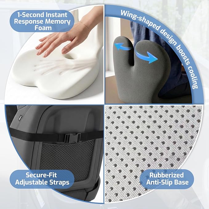 Trucker Seat Cushion, Car Seat Cushion Memory Foam Ergonomic Lumbar & Tailbone Support Pillow for Hemorrhoid, Coccyx & Sciatica Relief, for RV, SUV, Office Chair, Wheelchair (Black)