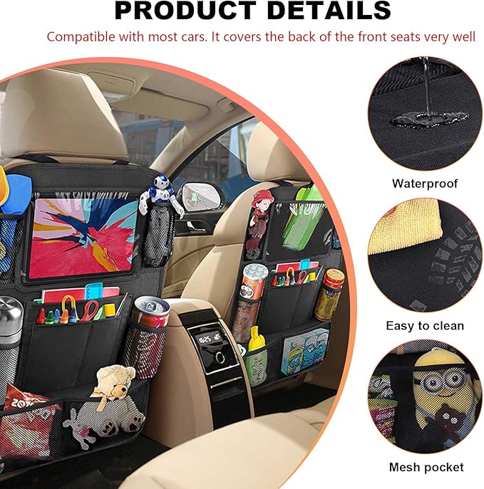 2 PCS Car Backseat Organizer, Heavy Duty Seat Back Storage Bag with Touch Screen Tablet Holder, Waterproof Kick Mats Back Seat Protector for Kids Toddlers, Car Accessories (Normal)