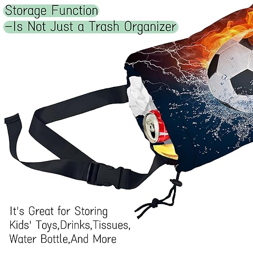 NHNXHWIA Soccer Ball Car Trash Bag,Fire and Water Hanging Drawstring Car Garbage Bag,Waterproof Canvas Car Back Seat Organizer with Adjustable Buckle,for Vehicles,SUVs,Camping,Road Trips