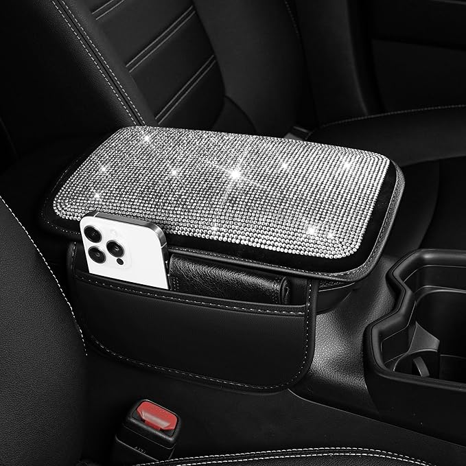 Bling Car Center Console Cover Custom Fit for Jeep Wrangler - Leather Armrest Cover with 2 Storage Pockets and Crystal Rhinestones(Black)