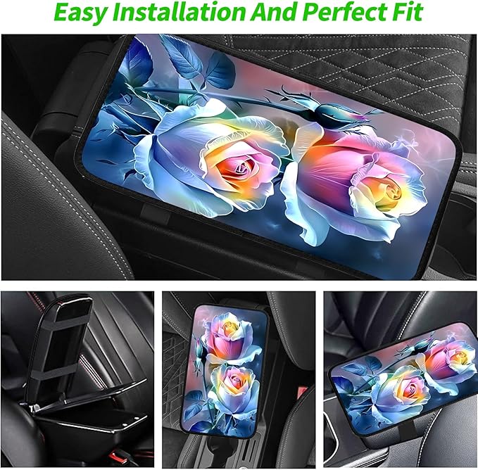 JANENFNA Car Armrest Cover Pads Universal Fashion Cute Auto Center Console Armrest Cover Pad with 2PCS Car Coasters Soft Waterproof Car Armrest Seat Protector for Women,Rainbow Roses
