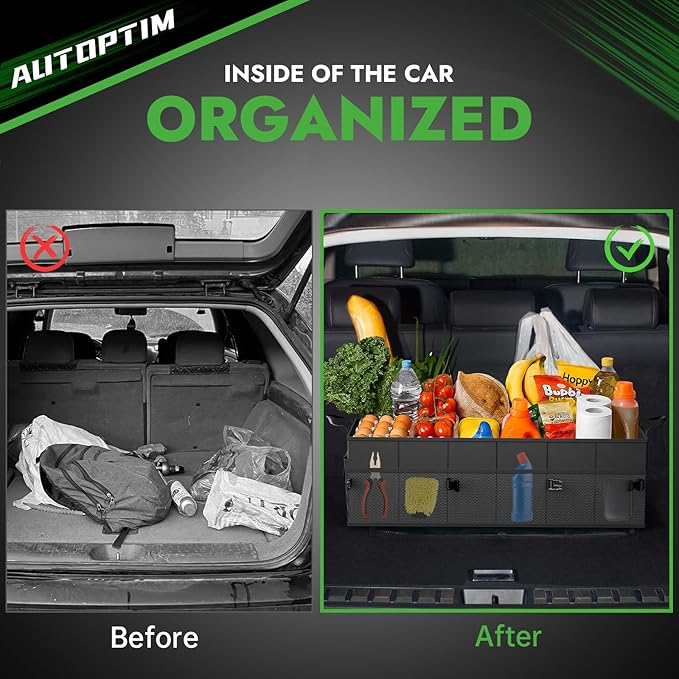 AUTOPTIM Car Trunk Organizer - 85L Collapsible Car Organizer with Non Slip Bottom for Groceries, Trunk Storage with Base Panel for SUV Sedan Van, 3 Compartments (Black, X-Large)