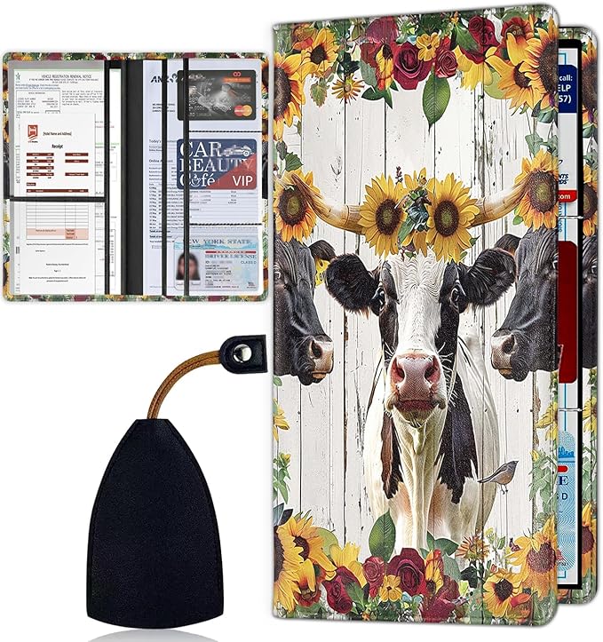 Car Registration and Insurance Card Holder for Women Men, Waterproof PU Leather Glove Box Car Organizer with Magnetic Shut, Vehicle Document Holder for Driver License,Cards, Cow Sunflower Pattern