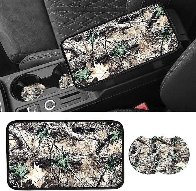 JANENFNA Car Armrest Cover Pads Universal Fashion Cute Auto Center Console Armrest Cover Pad with 2PCS Car Coasters Soft Waterproof Car Armrest Seat Protector for Women,Camouflage Leaves