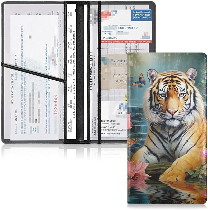 Tiger Animal Butterfly Flowers Floral Car Registration and Insurance Holder Vehicle Glove Box Organizer Car Accessories Wallet Case for Women Men 202a0187