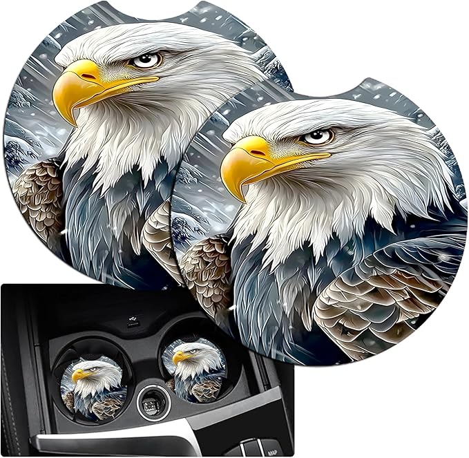 JANENFNA Car Armrest Cover Pads Universal Fashion Cute Auto Center Console Armrest Cover Pad with 2PCS Car Coasters Soft Waterproof Car Armrest Seat Protector for Women,Snowy Eagle