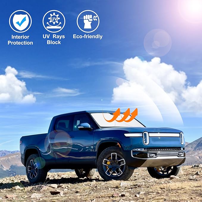 Windshield Sun Shade Custom Fit for 2022 2023 2024 2025 Rivian R1T Accessories Foldable Sunshade Sun Blocker Protect Car from Sun Rays & Heat Damage Keep Car Cooler