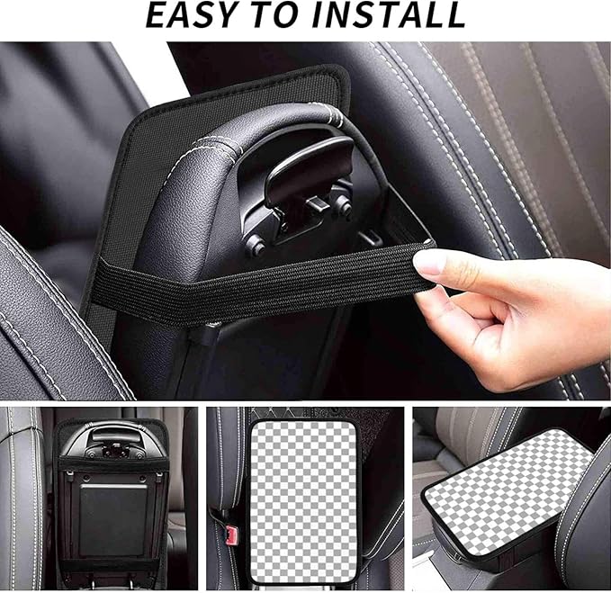 Gray and White Checkered Chessboard Car Armrest Pad Cute Cars Center Console Cover Auto Handrail Box Cushion Armrests Cover