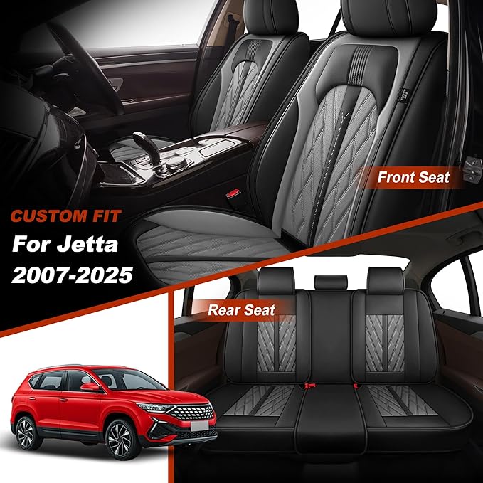 TTX LIGHTING Seat Covers Fit for VW/Volkswagen Jetta 2007-2025 Seat Covers Full Set Car Seat Covers Faux Leather Breathable Waterproof Car Seat Protector (5 Seats, Black&Grey)