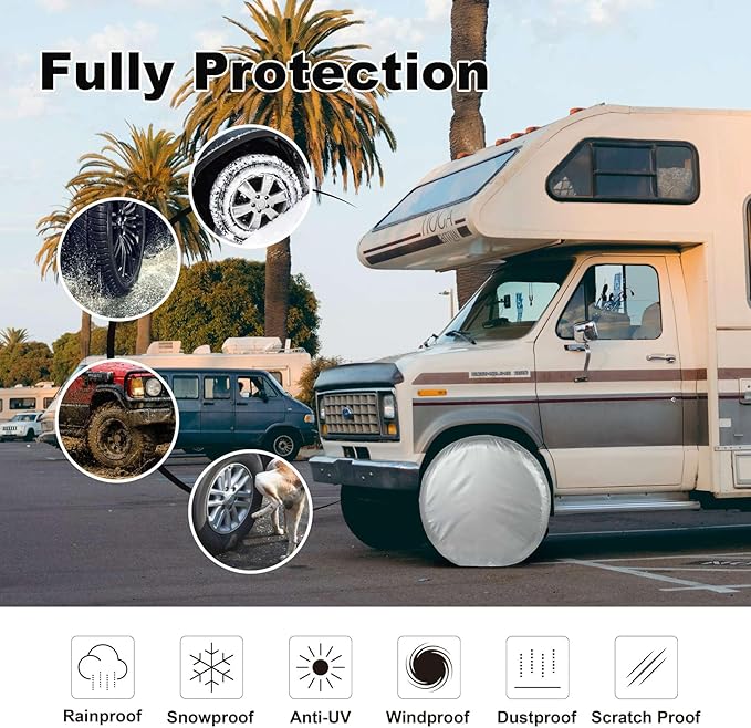 Explore Land Weatherproof Tire Covers 4 Pack Alumium Wheel Protector for Truck, SUV, Trailer, Camper, RV,S (Fits Diameter 32"-34.75"), Silver, Set of 4