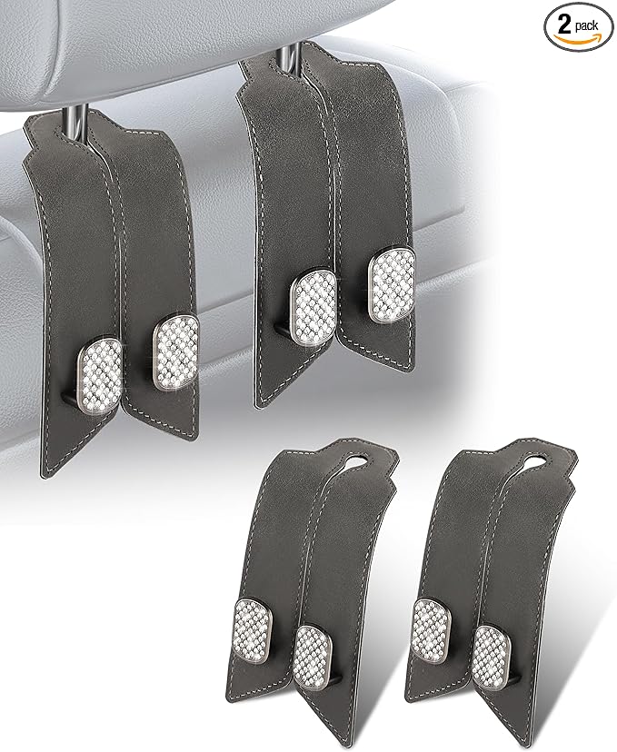 2Pcs Car Headrest Hooks with Sparkling Rhinestones & Premium Leather, Upgraded Double Metal Purse Holders, Anti-Drop Design, Universal Back Seat Organizer for Bags, Coats, Groceries (Crystal Gray)