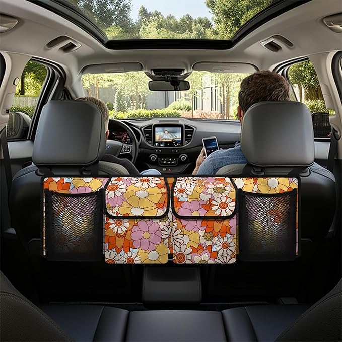 CLOHOMIN Hippie Flower Trunk Organizer for SUV Fashion Car Trunk Organizer Hanging Car Storage Bags Collapsible Cargo Bag with 4 Pockets Car Decor Accessories Gifts
