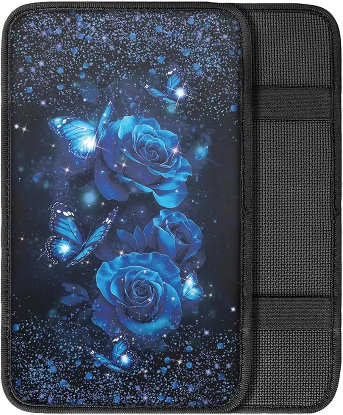 Rose Butterfly Print Car Center Console Armrest Cover Pad Non Slip Scratch Proof Auto Armrest Seat Box Cover Protector Car Interior Decor for Women