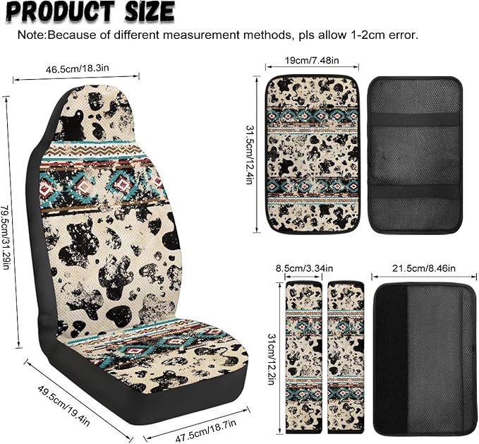 Qeluxign Car Seat Covers Cow Print Tribal Full Set Universal Fit Auto Front Seat Covers and Seatbelt Pads Armrest Cushion Gifts for Women Protect Your Car Interior