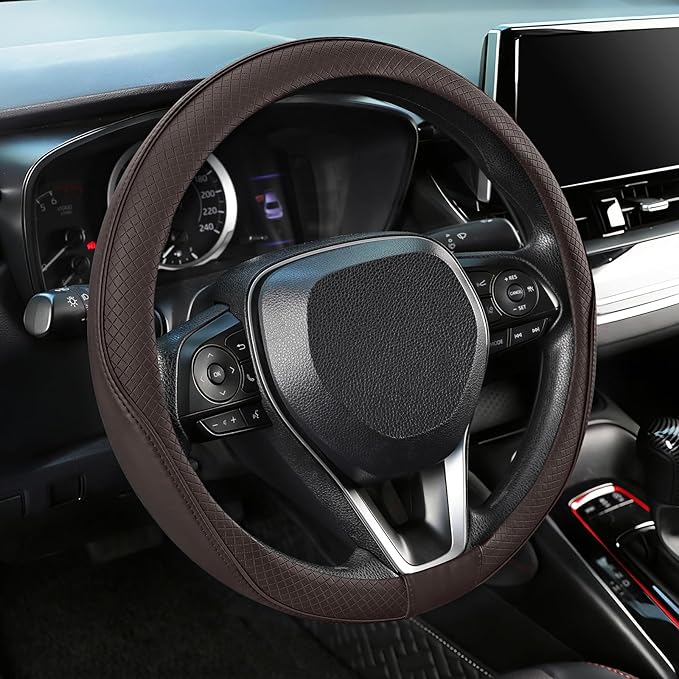 SEG Direct Steering Wheel Cover 14.5-15 inch (37-39 cm) Medium Size, Microfiber Leather, Non-Slip Comfortable Grip, Fits Cars Trucks SUVs, Chocolate Brown