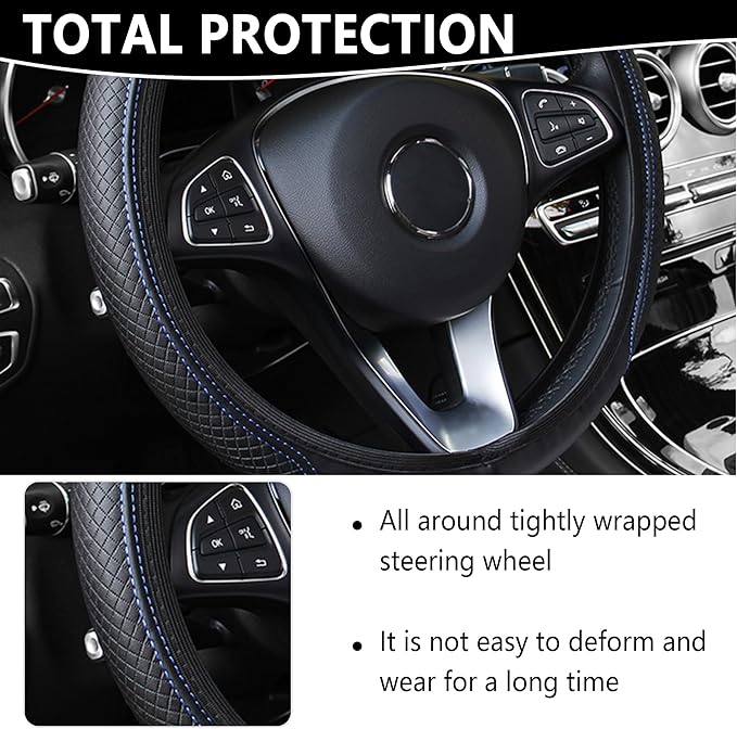 Leather Steering Wheel Cover,Anti Slip Car Steering Wheel Cover for Car Decorations & Steering Wheel Protections,Universal 15Inch Wheel Cover Car Interior Accessories for Men & Women (Black+Blue)
