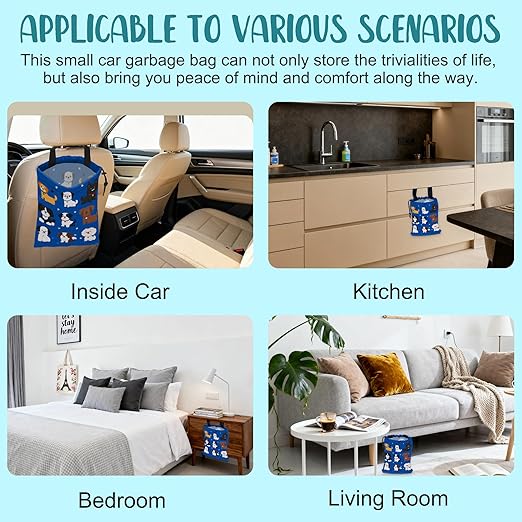KXWQTRDD Car Garbage Bag Cartoon Dogs and Paw Prints Drawstring Car Trash Bag Hanging for Back Seat with Adjustable Buckle Canvas Vehicle Trash Can Easy-to-Install