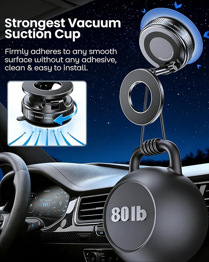 Vacuum Magnetic Phone Holder for Car,2800gf Strong Magnetic Phone Mount,360° Adjustable & Reinforced Suction Cup for Dashboard/Mirror,Car Phone Holder Compatible with iPhone Androi（Deep Black）