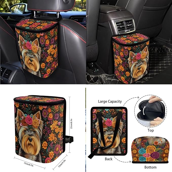 Yorkshire Terrier Print Car Interior Accessories Sets, Flower Print Front Seat Covers and Rear Split Bench Seat Cover, Steering Wheel Protector, Universal Fits for Most Cars SUV Truck Sedan