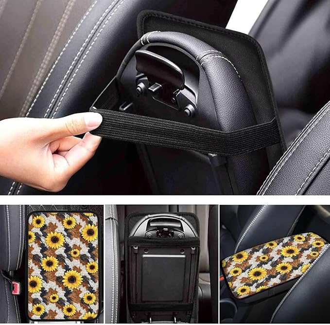 Sunflower Cow Print Center Console Cover Car Center Console Cover Fashion Auto Interior Protect from Pet Claws Car Console Covers Fit for Most Cars, Vehicles, SUVs