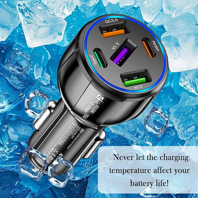 5 Port Fast Car Charger Adapter,12-24V Car Charger USB C & 30W QC3.0/3.1A Port with Reinforced Contacts & Lighting,75W Vehicle Accessories Cigarette Lighter USB Chargers (Black)