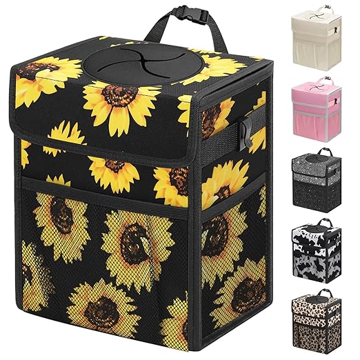 Capolo Car Trash Can with Lid, Leakproof Car Trash Bag Hanging Waterproof Automotive Garbage Can with Storage Pockets Mini Vehicle Trash Bin for Back/Front Seat(Sunflower,3 Gallon)