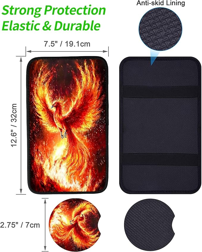 JANENFNA Car Armrest Cover Pads Universal Fashion Cute Auto Center Console Armrest Cover Pad with 2PCS Car Coasters Soft Waterproof Car Armrest Seat Protector for Women,Fiery Phoenix