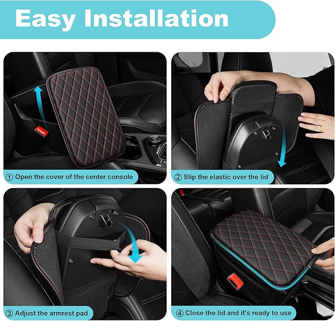 Center Console Cover Fit for Kia Forte 2010-2024 with 2 Storage Bags Waterproof Leather Quilted Pattern Car Armrest Cover Cushion Anti - Slip(Black&Red Line)