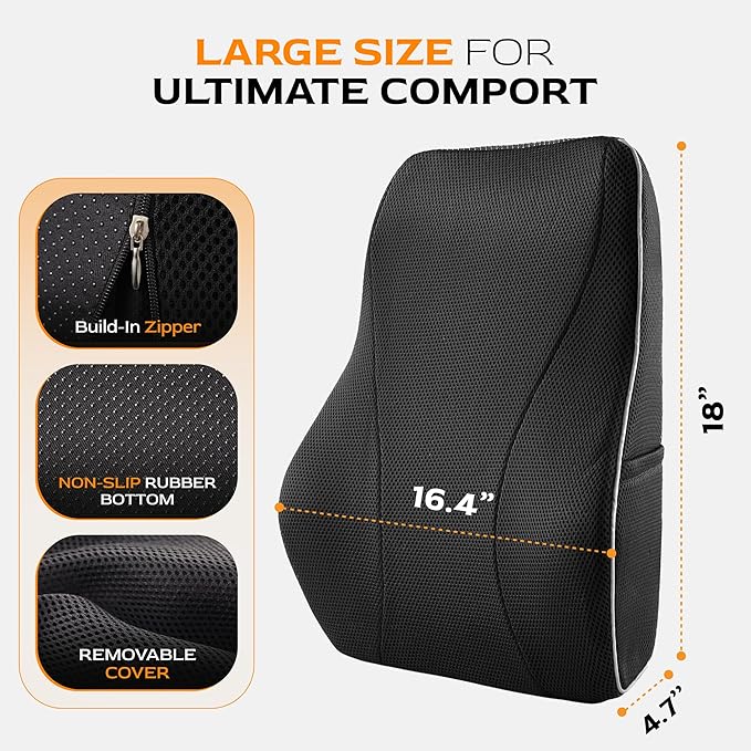 TULARIS Extra Dense Lumbar Pillow with Double Adjustable Straps - Ergonomic Lumbar Support Pillow for Office Chair, Car, Couch Firm Back Support for Lower Back & Spine Pain Relief Memory Foam Cushion